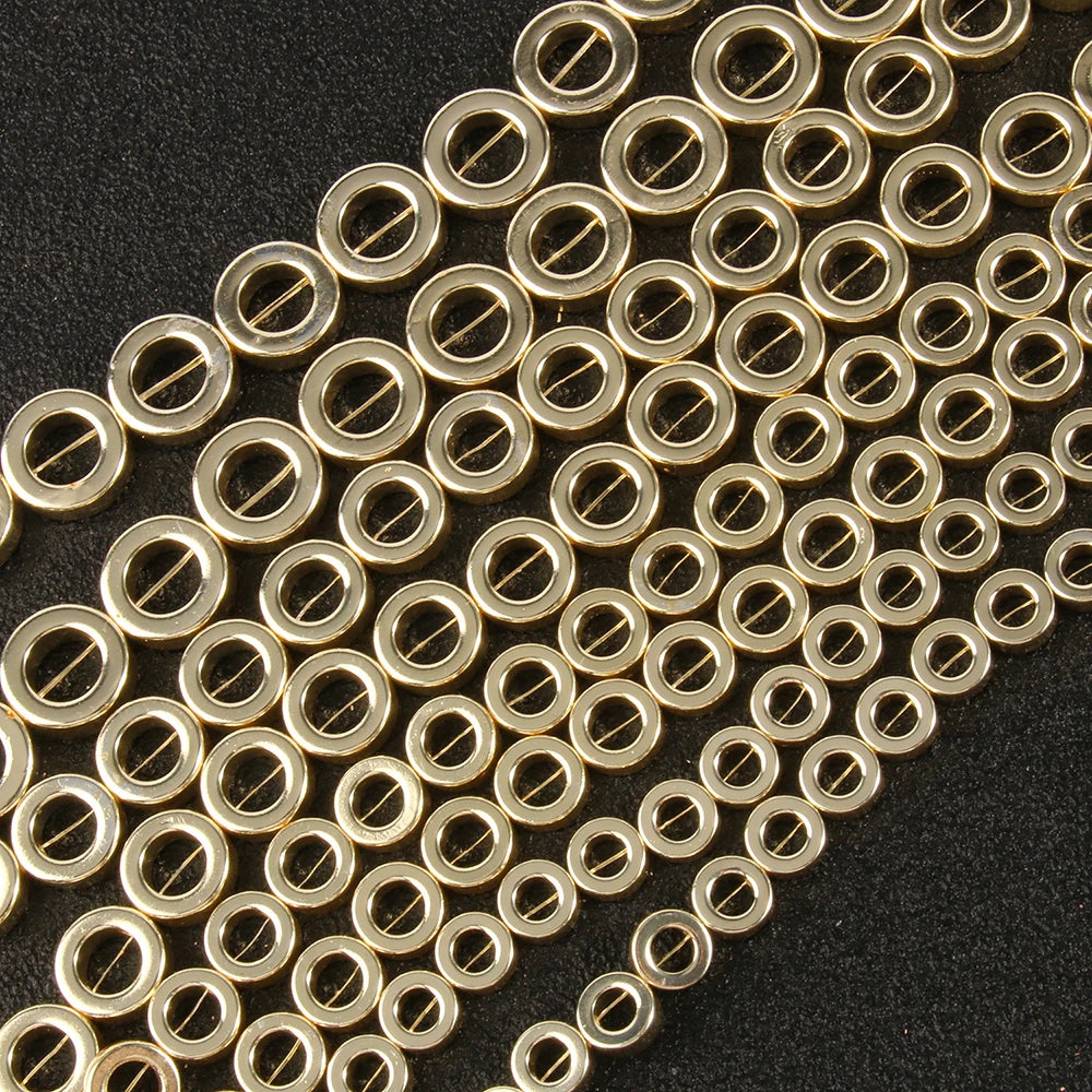 Wholesale Natural Semi Gemstone Loose Round 8/10/12/14MM Loop Shape 9K Gold Plated Hematite Stone Beads for Jewelry Making