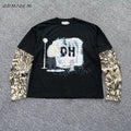 Custom Screen Print T-Shirt Vintage Cotton Ripped Double Layer Long Sleeve Distressed Stone Acid Wash T Shirt for Men