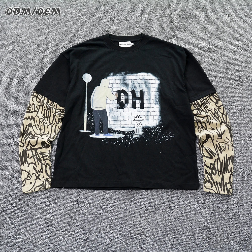 Custom Screen Print T-Shirt Vintage Cotton Ripped Double Layer Long Sleeve Distressed Stone Acid Wash T Shirt for Men