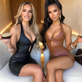 Spring Pu Sleeveless Deep Halter Hollow Out Design Dresses Backless Sexy Bodycon Mini Leather Dress for Women