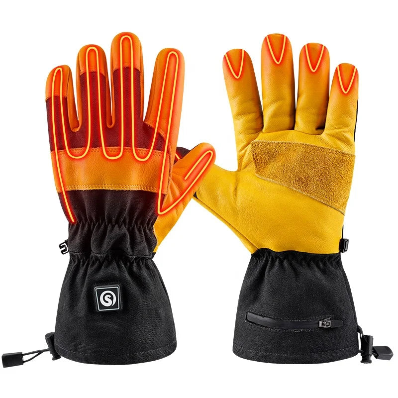 SAVIOR Leather Insulated Heated Work Gloves With Touch Screen Windproof and Rechargeable 7.4v Battery for Cycling Outdoor Use