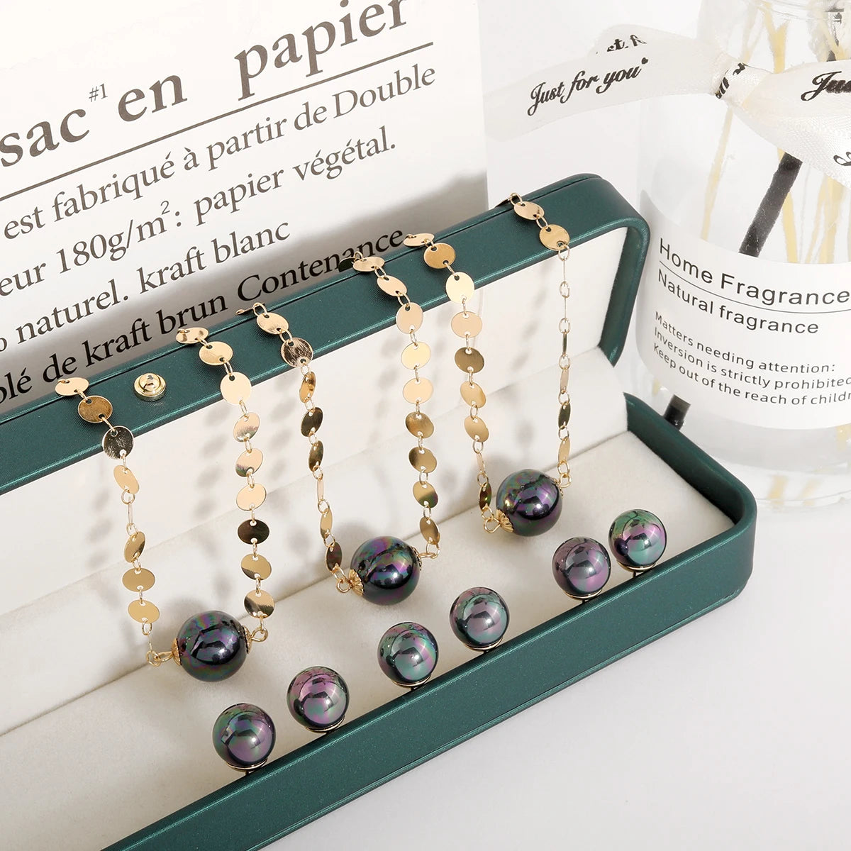 Hawaiian Minimalist Gold Plated Big Single Black Pearl Necklace Earrings Jewelry Sets for Women Party