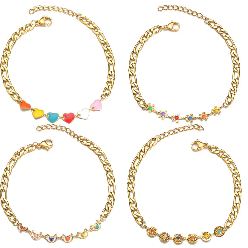 Trendy Waterproof Non Fading 18K Gold Plated Stainless Steel Colorful Drop Oil Geometric Chain Link Bracelet for Women Girl's