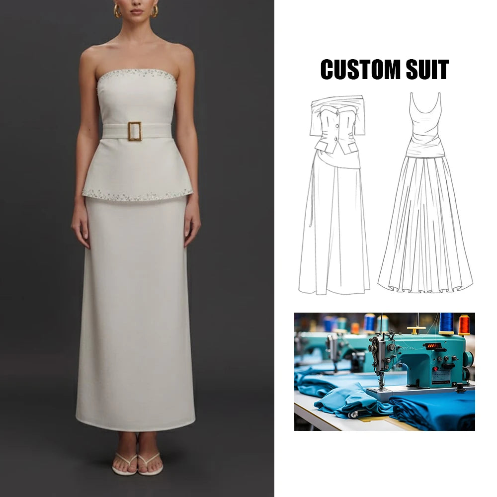 Elegant Women's Casual Fashion Sleeveless Backless Top and Long Skirt Suit with Belt Decoration Custom Brand Pure Color