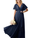 Women Customize Backless Elegant Royal Blue Chorus Dress Tulle Straight Modest Chiffon Maxi Standard Wedding Bridesmaid Empire