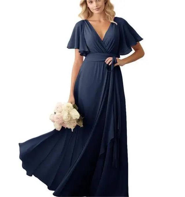 Women Customize Backless Elegant Royal Blue Chorus Dress Tulle Straight Modest Chiffon Maxi Standard Wedding Bridesmaid Empire