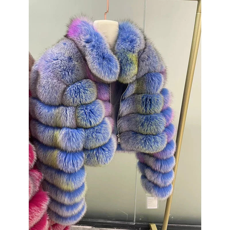 New Fashion Mix Blue Colors Thicker Real Fluffy Fur Cropped Jacket Women Luxury Fox Fur Coat Winter Genuine Fur Short Jacket
