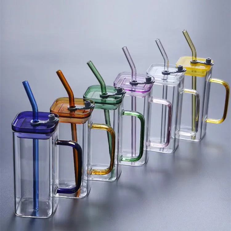 400ml Color Handle High Borosilicate Glass Cup with PP Lid and Straw