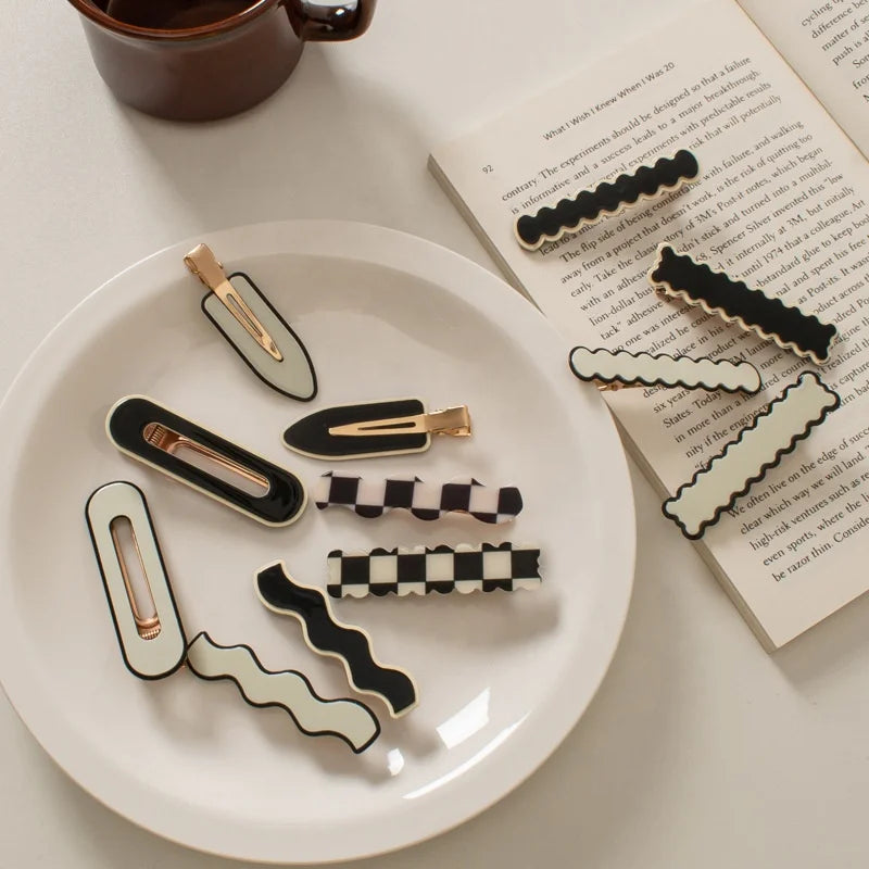 Vintage Wave Black White Checker Bangs Hair Claws Duck Bill No Bend Crease Hairgrips Hair Accessories Plastic Alligator Clips