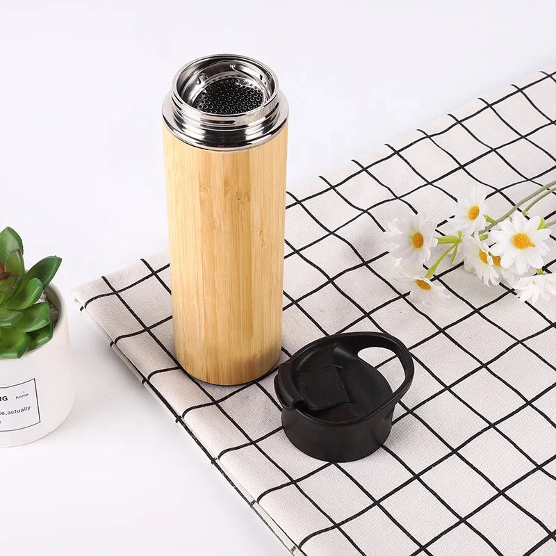 Custom Logo Bamboo Shell Stainless Steel 6-12 Hours Thermal Insulation Portable Sports Cup