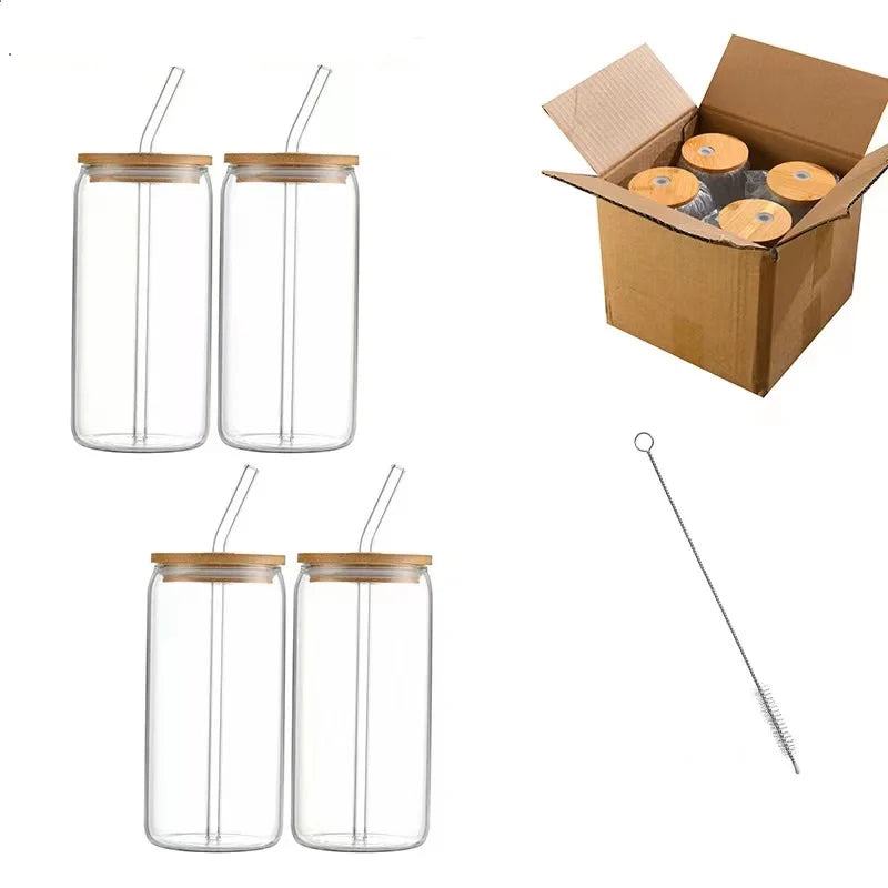 Drinking Glasses with Bamboo Lids and Glass Straw 4pcs Set - 16oz Can Shaped Glass Cups Beer Glasses Iced Coffee Glasses Cute