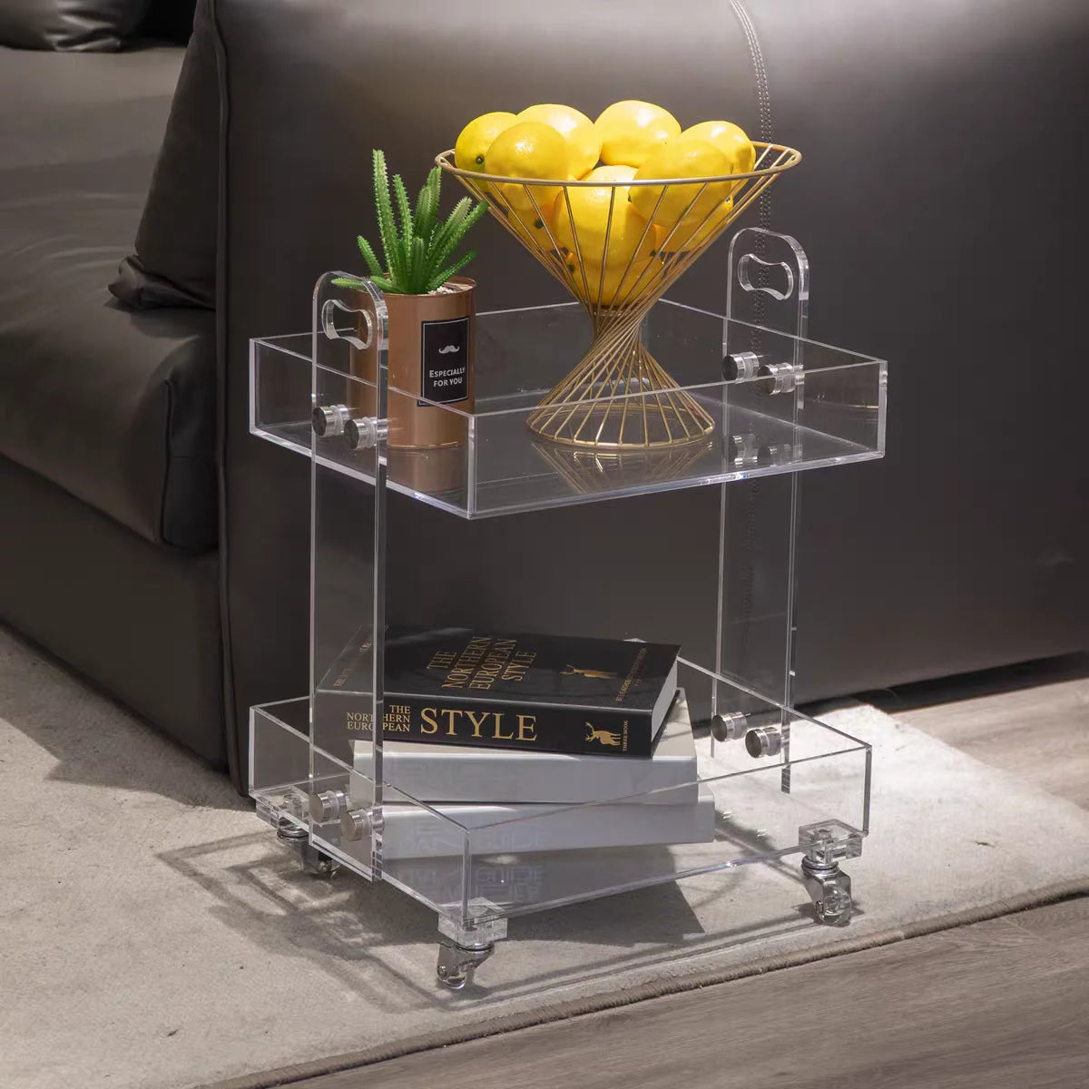 2-Tier Modern Lucite Rolling Cart Arabic Acrylic Bar Carts Serving Trolley for Hotel Food Serving Living Room Wine Cellar