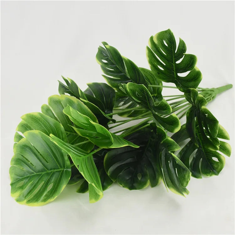Wholesales High-end Artificial Plants Bonsai Decoration Tropical Plant Green Leaves 18-fork Plastic Turtle-back Leaves