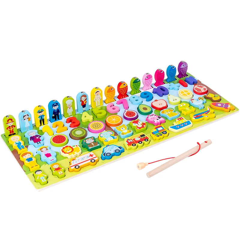 2025 Montessori Wood Logarithmic Puzzle Board Wooden Puzzle Blocks Toys Colors Building Magnetic Fishing Toys Game