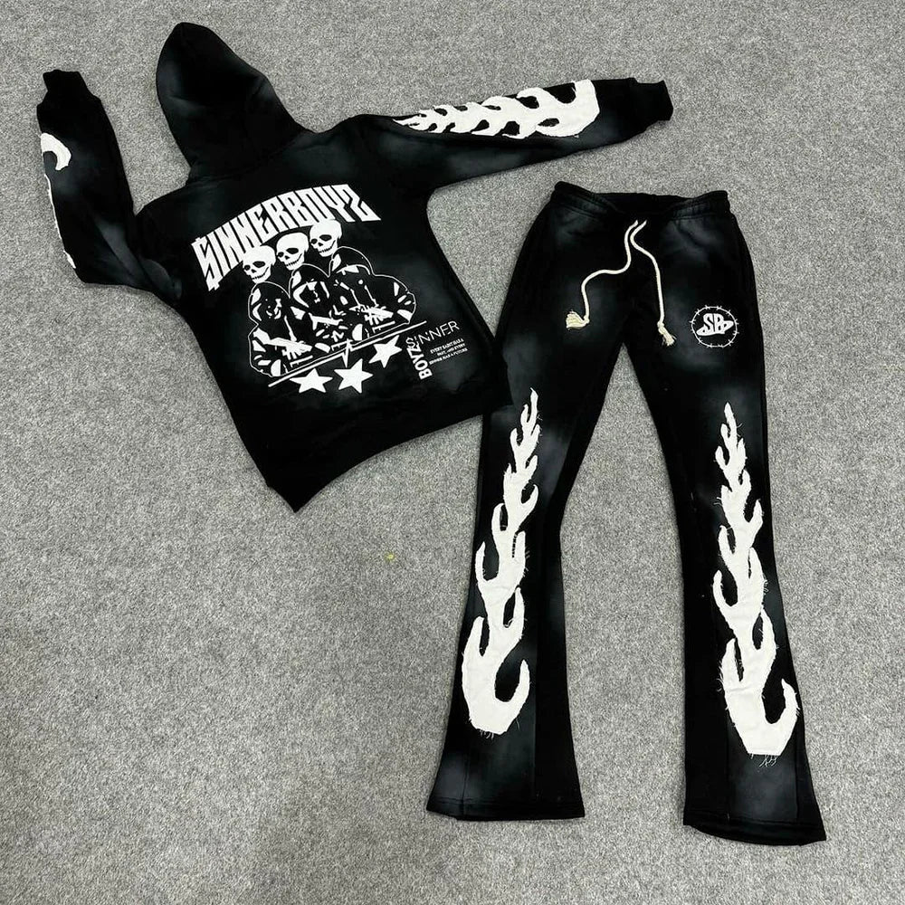 DCY 2025 Trending Product Custom Sweatsuit FlaredSun Faded Hoodie Jogger SetCustom Puff Print Tracksuit 500Gsm