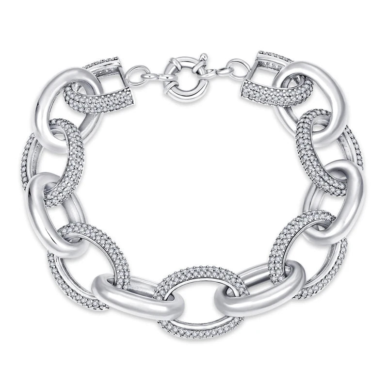 925 Sterling Silver Iced Out Chunky Link Chain Bracelet for Women Statement Jewelry
