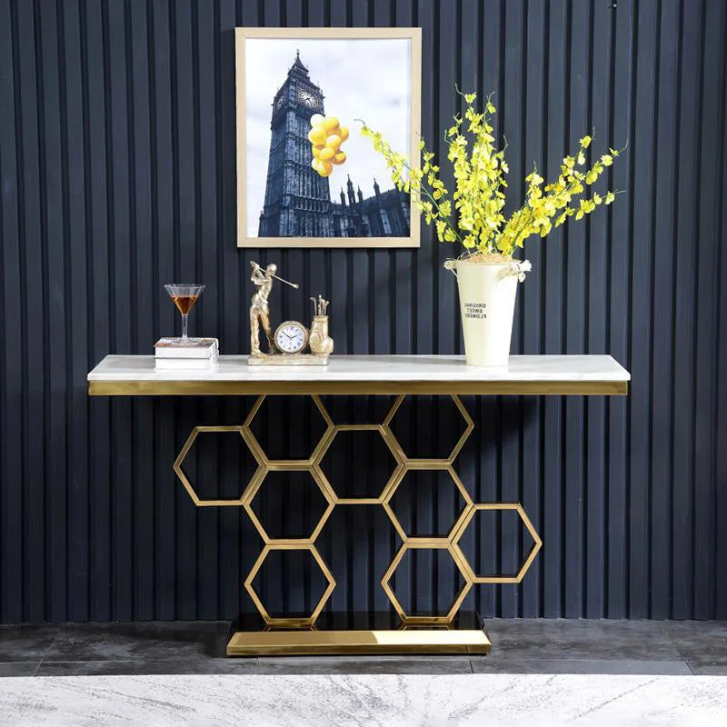 Latest Nordic Style Console Table with Forged Stainless Steel Legs White Black Marble Top and Golden Frame for Living Room