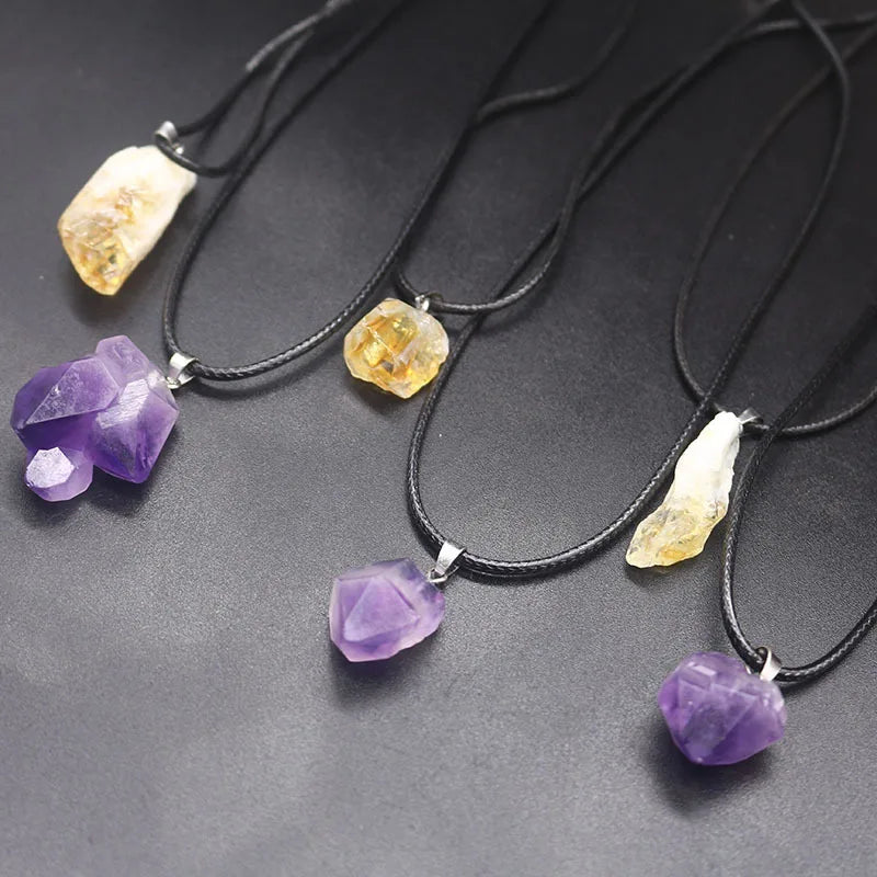 Natural Irregular Amethyst Citrine Raw Crystal Necklace Natural Stone Pendant Black Rope Cord Chain Rhinestone Healing Jewelry