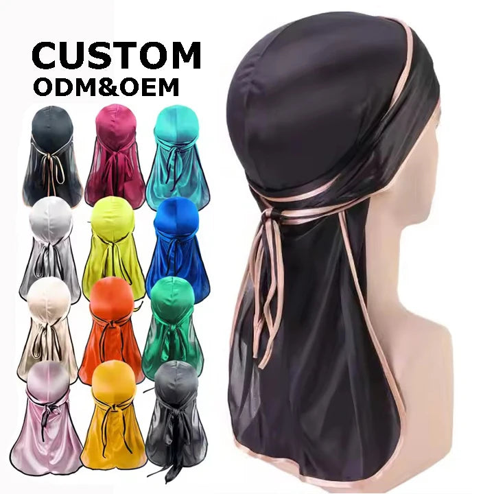 Custom Logo Black Du Doo Rags Headwraps Long Tails Wide Straps Designer Satin Silky Durags Men Women Outdoor 360 Waves