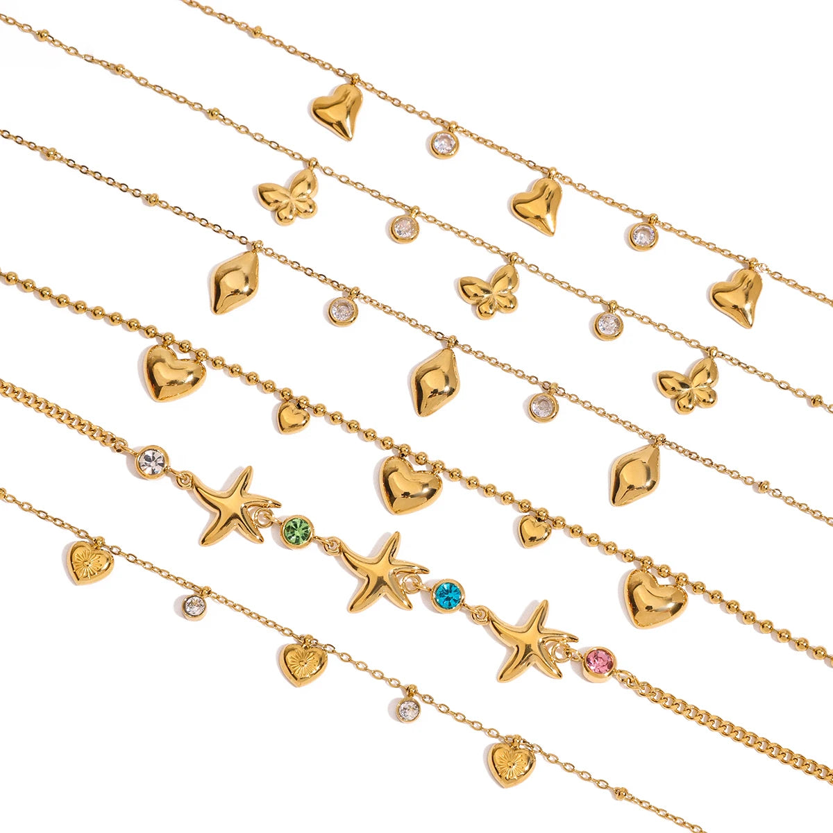 J&D Minimal Classic Gold Link Bracelet Cute Chain Star Butterfly Conch Heart Colored Zircon Bracelet