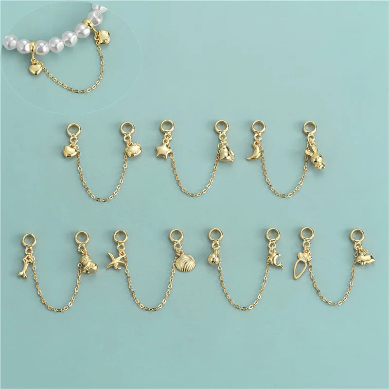 925 Sterling Silver Gold Plated Crescent Moon Star Pendant Starfish Seashells Animals Charm Bracelet Accessory With Chain