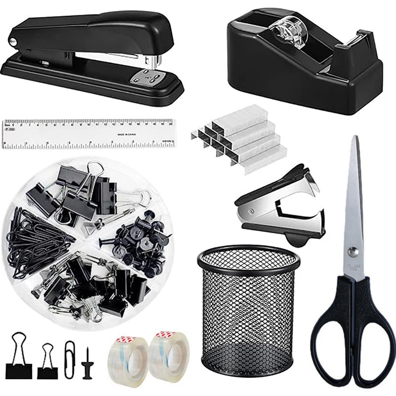 Heavy-Duty 25-sheet Capacity Black Lightweight Metal Stapler Container Shape Pen Holder Manual Power Convenient Stationery Set