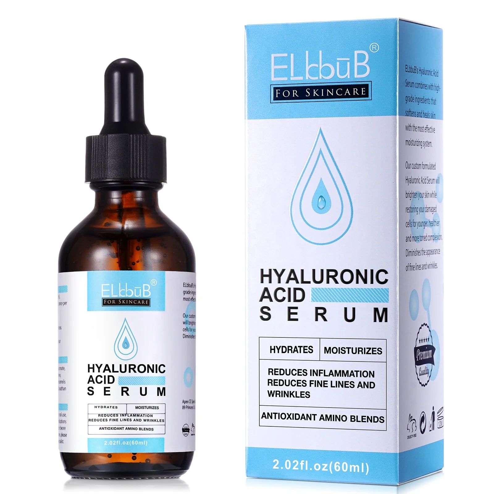 ELbbuB 60ml Vegan Hyaluronic Acid Serum Wholesale Private Label Pure Hydrating Hyaluronic Acid Face Serum for Skin Tightening