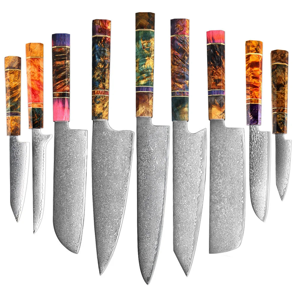 Wholesale 11pcs Kitchen Knife Set 67 Layers Damascus Steel 10Cr15CoMoV Kiritsuke Utility Knife Colorful Stabilized Wood Handle