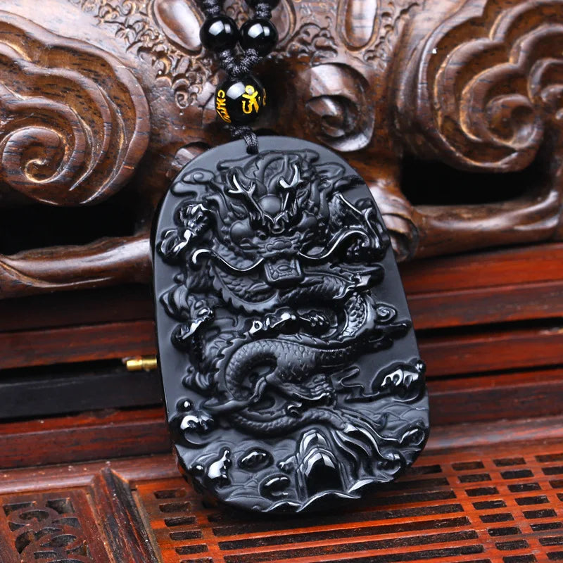 Custom Natural Black Obsidian Engraved Oriental Dragon Relief Lucky Amulet 12 Chinese Zodiac Sign Pendant Necklace for Men Women