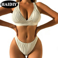 OEM Sexy Solid Color Backless High Waist Two Piece Bikini Beachwear Halter Swimsuit Custom Women Swimwear Bikini Set Bandag