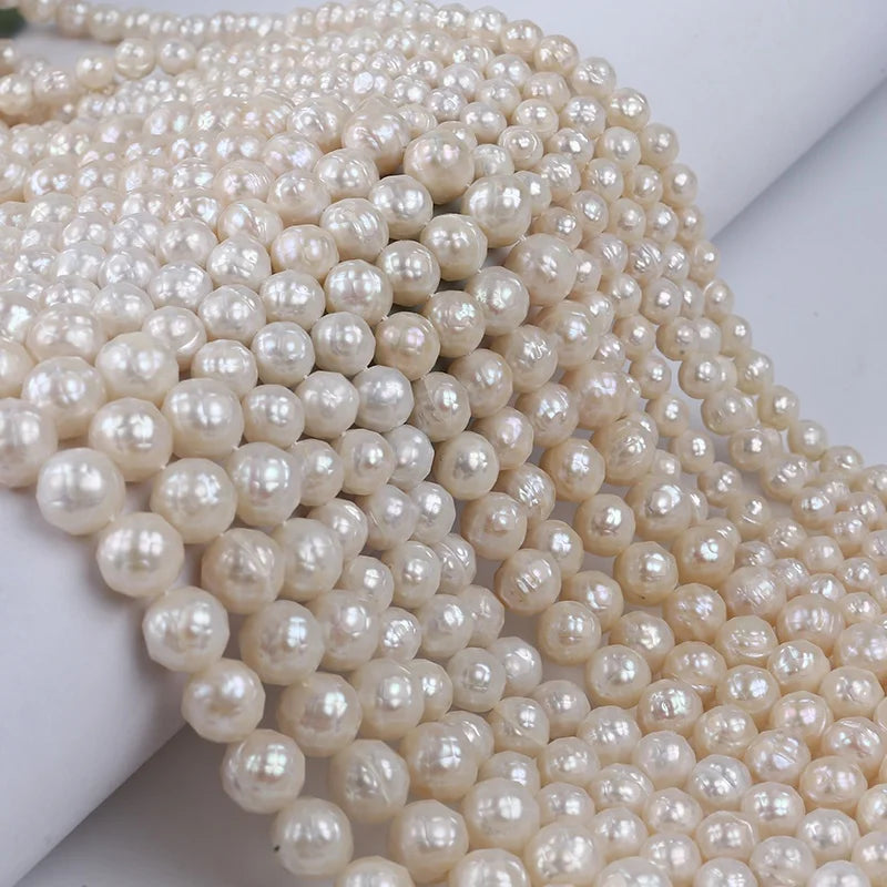 5-6/6-7/8-9/9-10/11-12mm White Cut Faceted Loose Freshwater Round Pearls Beads Strands for Jewelry Making