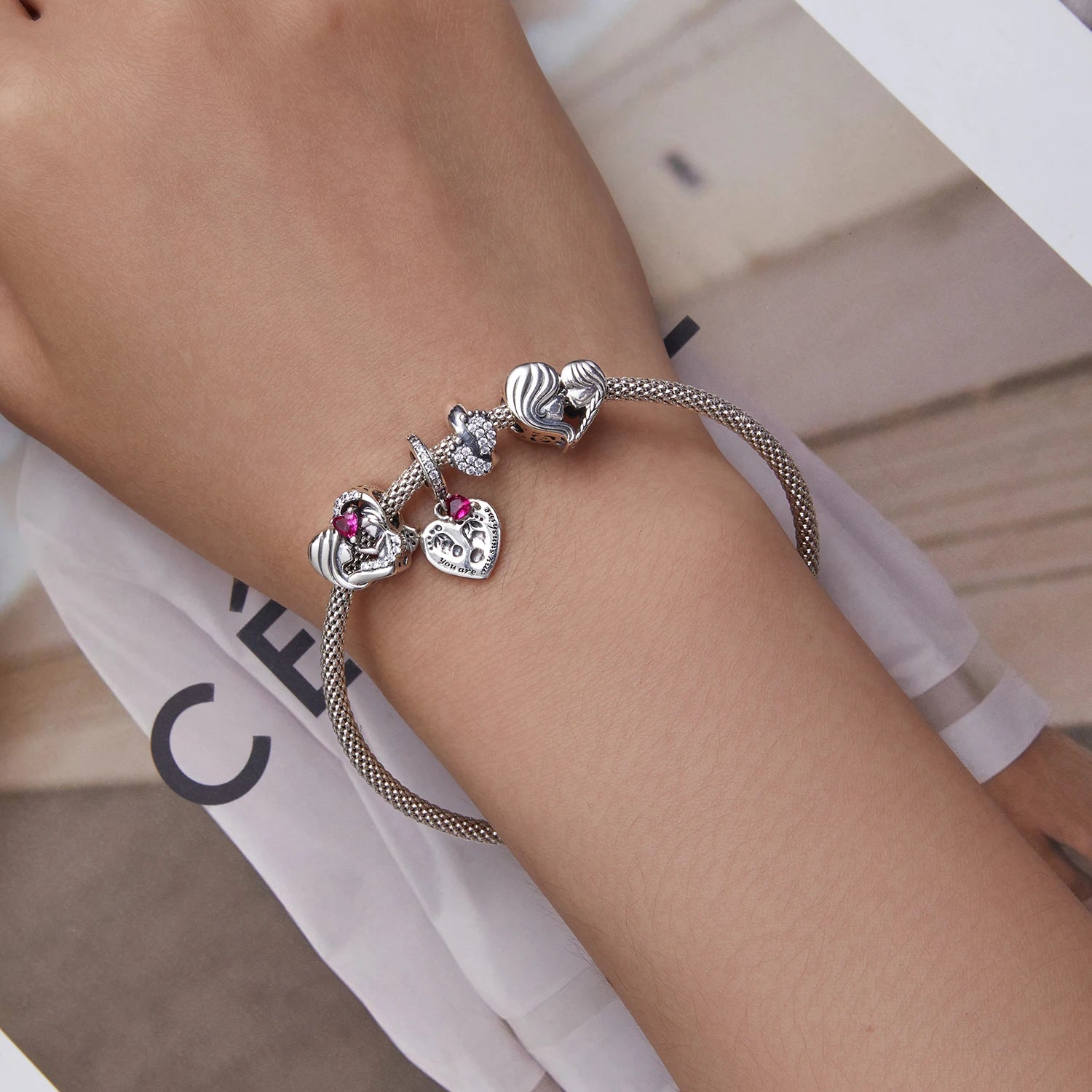 Wholesale Jewelry 925 Sterling Silver Pink Zircon Mother-child Affinity Bead Charm Fit Women Bracelet DIY Mother's Day Gift