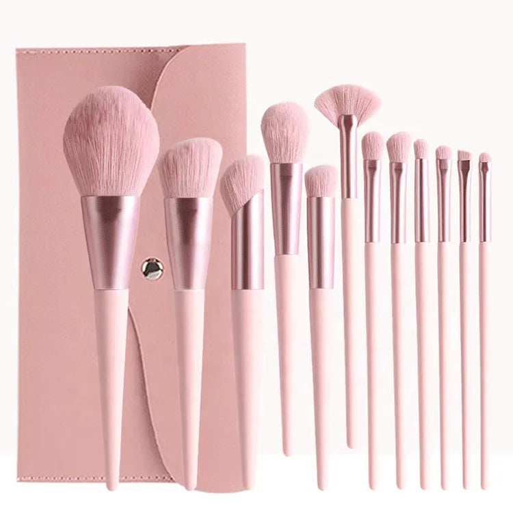 Soft Bristle Professional Good Quality Low MOQ Synthetic Hair Cosmetics 12pcs Makeup Brush Set with PU Bag Eye Shadow Fan Brush