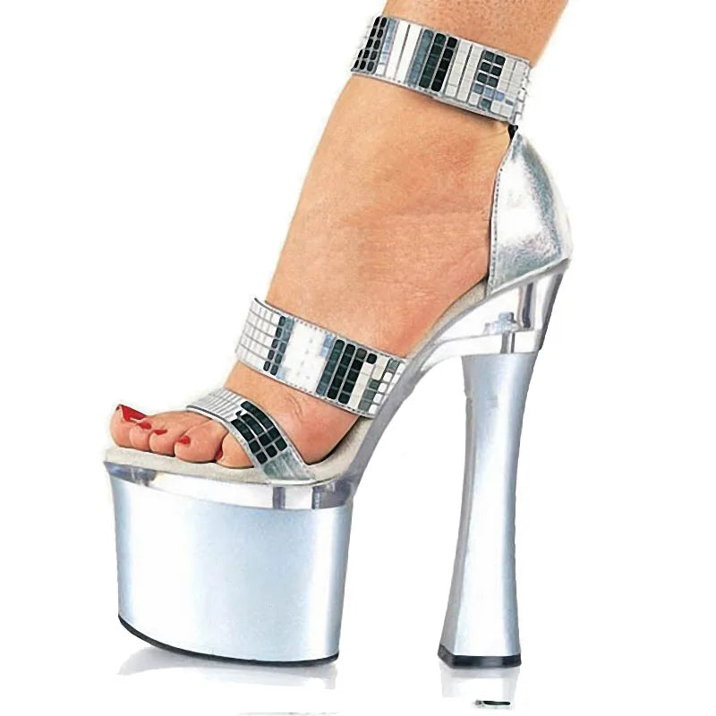 New silver thick heel 18 cm platform women's high heels pole dance fashion large size leaky toe sandals