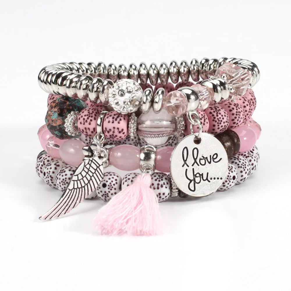 Bohemian Colorful Beads Bracelet Charm Jewelry with Wing Dangle Bangle Multilayer Stretch Bracelets for Women