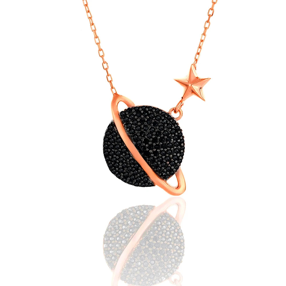 925 Sterling Silver Gold Plated Planet with Black Zircon Pendant Necklace – EU Local Stock