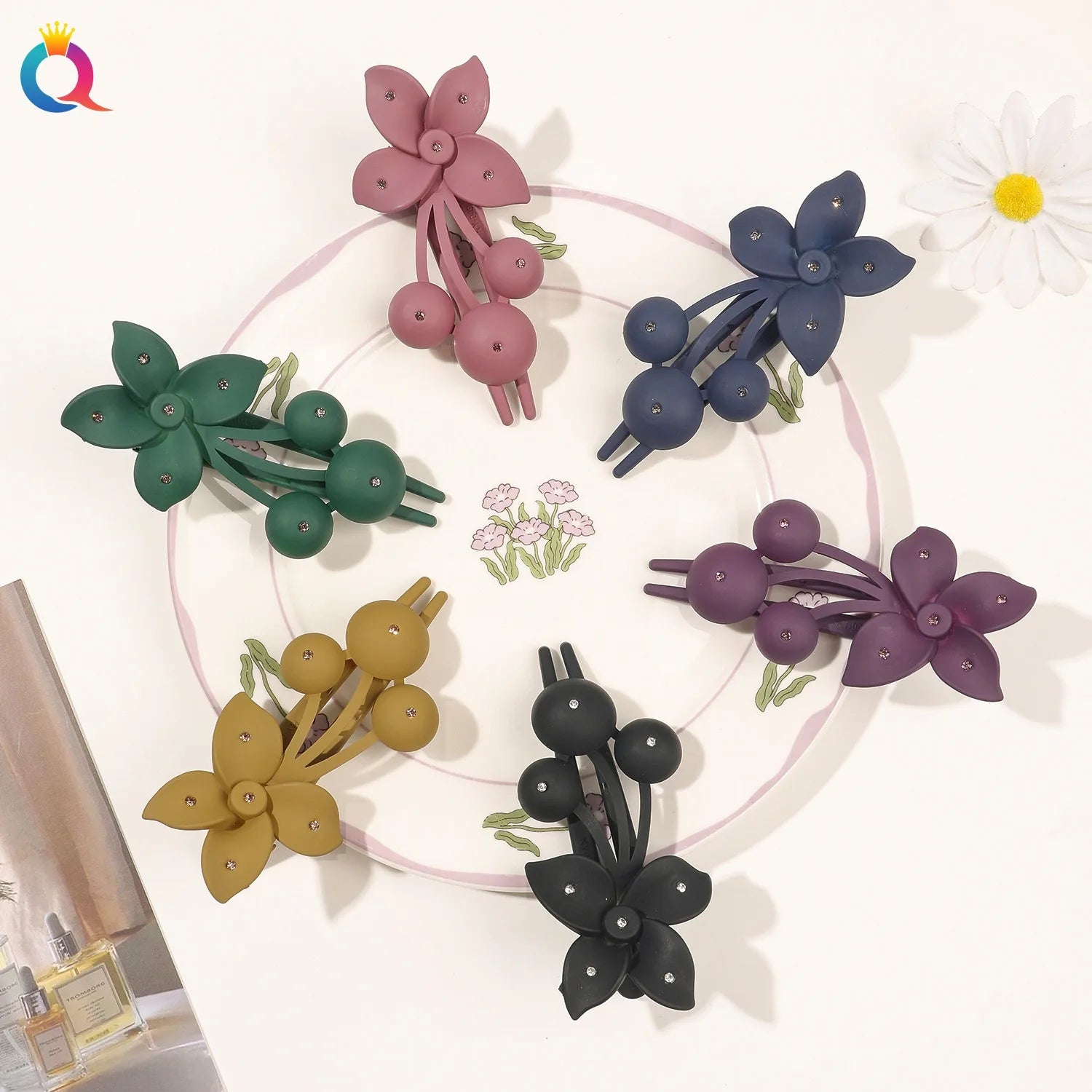 QIYUE Spot Drill Cherry Blossom Grab Clips Large Flower Duckbill Clips Women's Hair Accessories