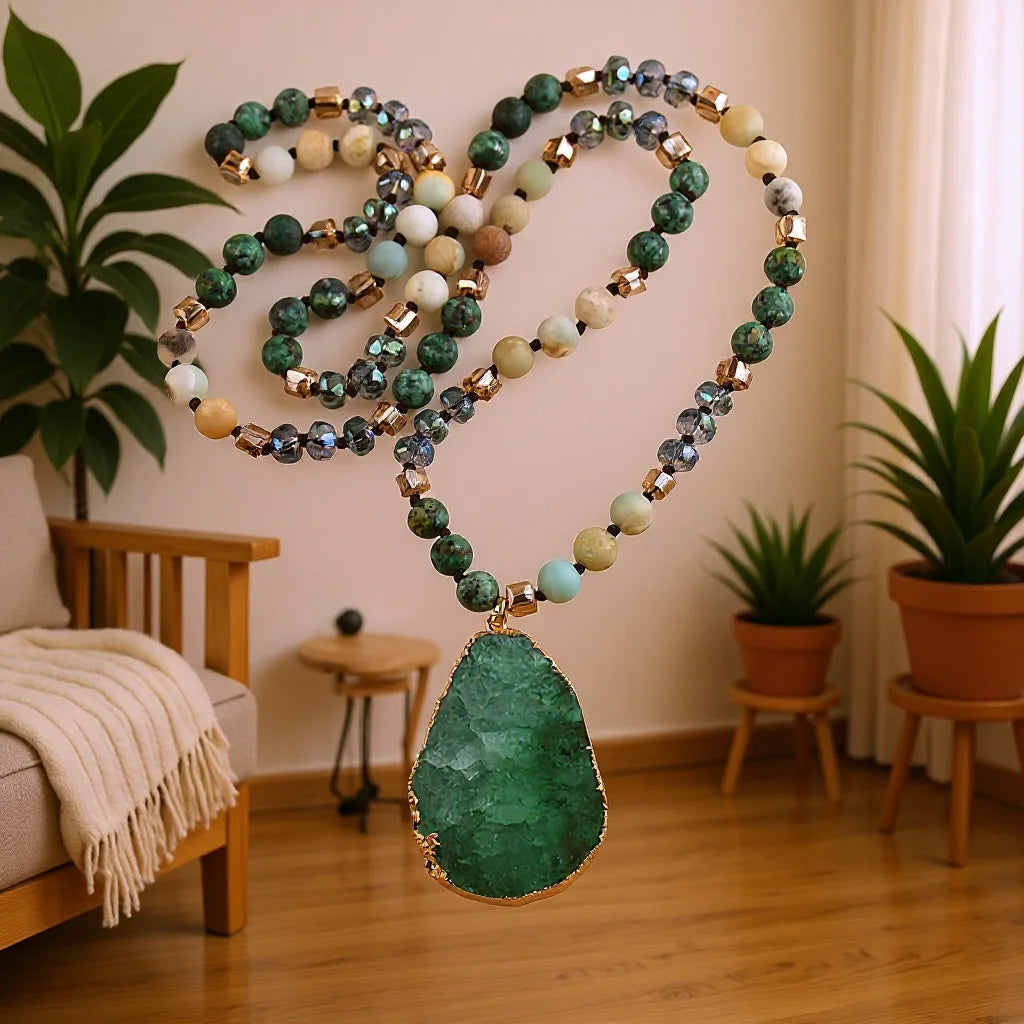 Fashion Women Customized Bohemian Tribal Jewelry Natural Stone Crystal Glass Knotted Drop Big Irregular Druzy Pendant Necklace