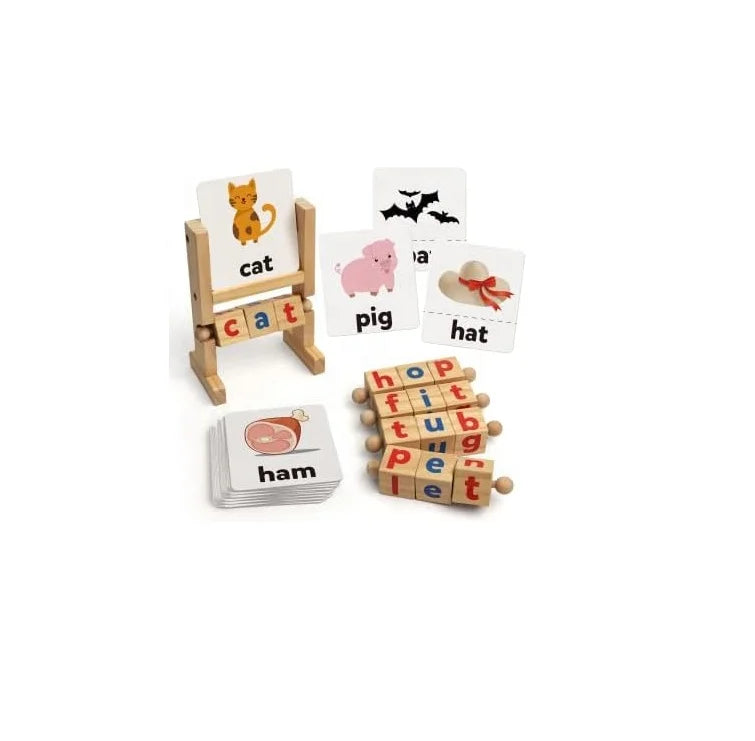 Handmade Flash Cards Turning Rotating Letter Puzzle for Kids Short Vowel Rods Spelling Games Wooden Reading Blocks
