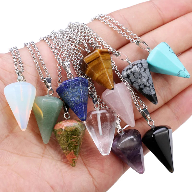Wholesale Natural Stone Quartz Crystal Lapis Lazuli Amethysts Beads Cute Stainless Steel Necklaces Triangle Pendants Mixed