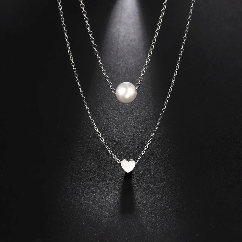 Stainless Steel Double Layer Heart Necklace Fashion Women Beads Necklace Jewelry Pearl Necklace for Women Gifts