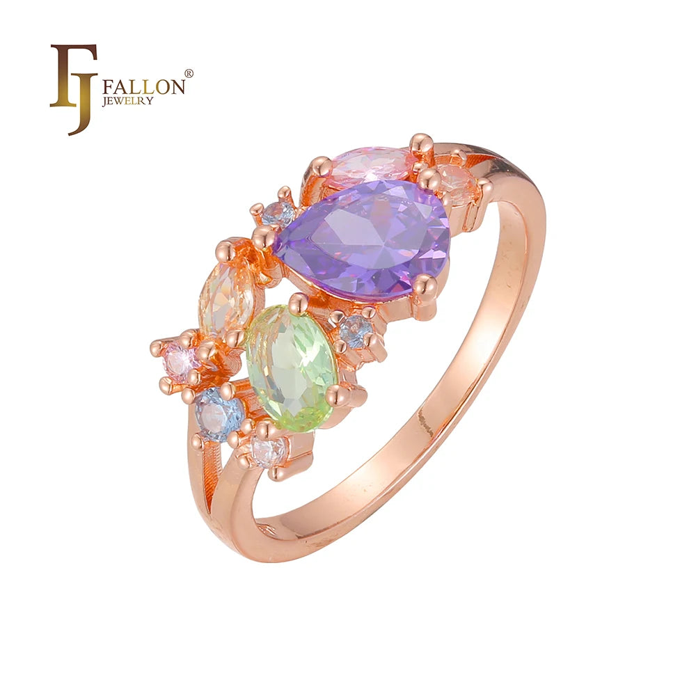 FJ Fallon Fashion Jewelry ultra Luxurious Mixed Color CZs Cluster Rings Plated in Rose Gold Brass Based