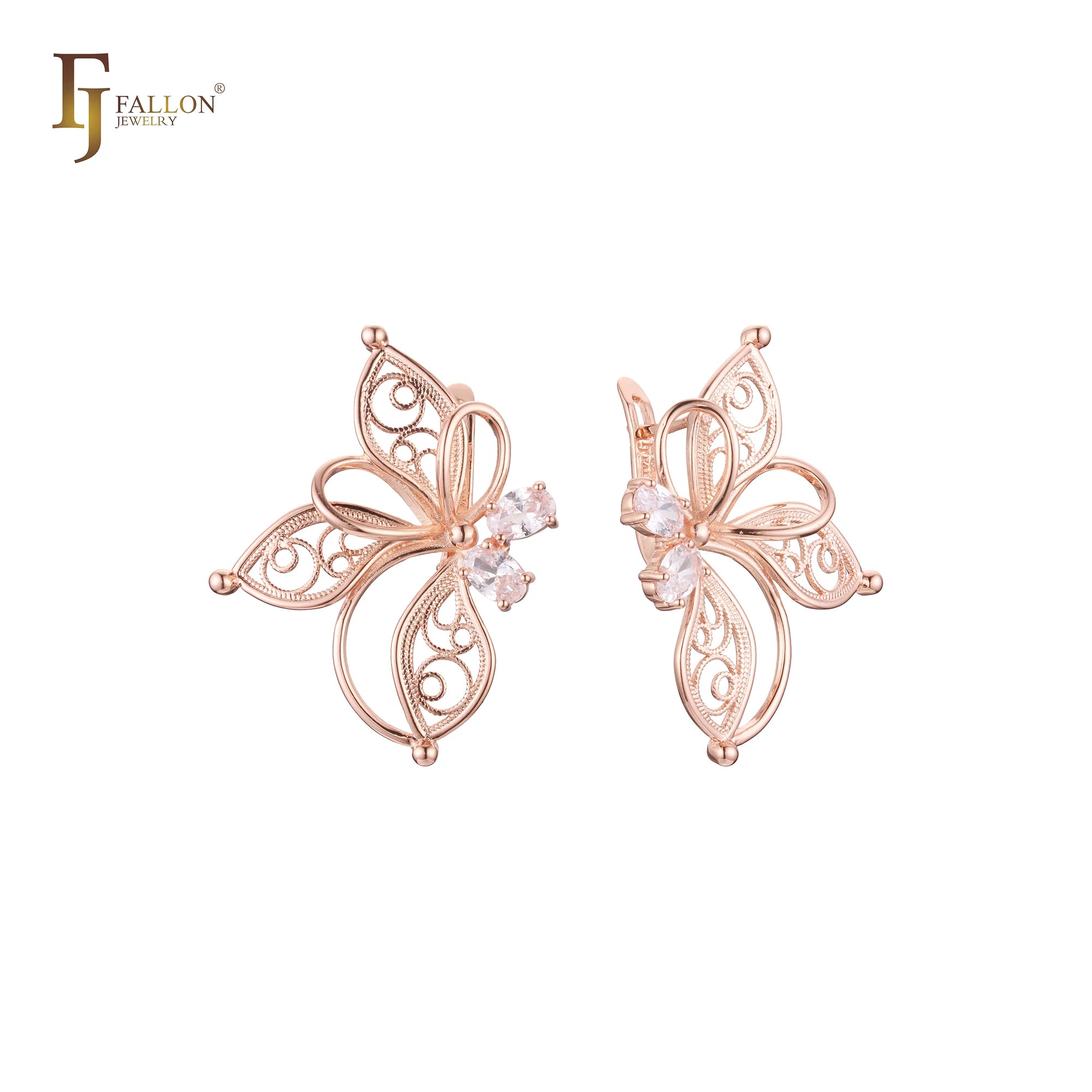 FJ Fallon Fashion Jewelry Butterfly Double Stones Clip-On Earrings Plated in Rose Gold Brass Based