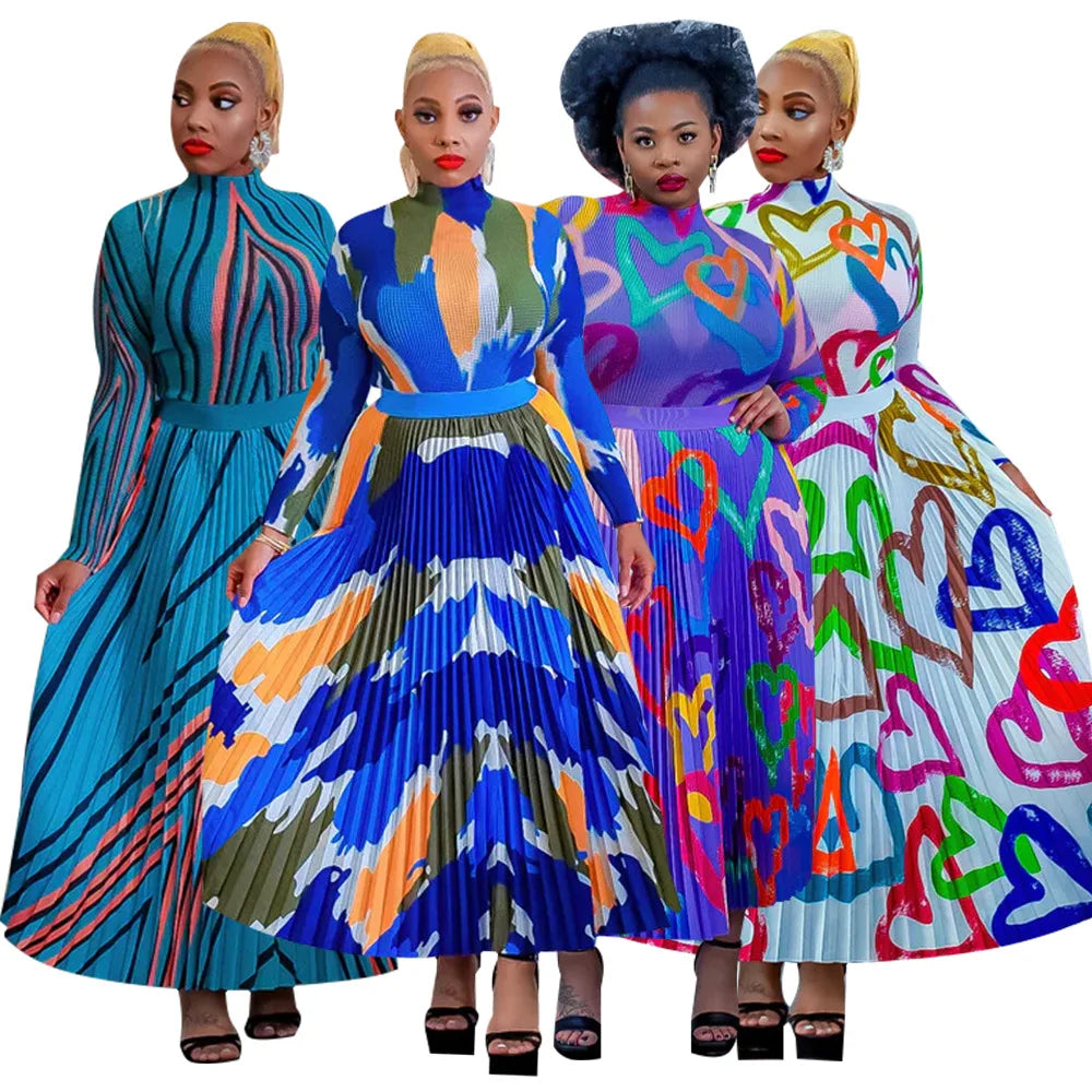 K10389 Hot Sale Two Piece Set Women Clothing Unique Art Print Pleated Long Sleeve T-Shirt and A-line Skirt 2 Piece Skirt Sets