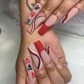 Ready to Ship French Long Matte Ballerina Coffin Red Lines Artificial Nails Stick on Nails Press on Fake False Nails