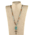 Handmade Bohemian Jewelry  for Women 6mm Natural Stone Crystal Glass Beaded Knotted Dorp Stone and Alloy Cross Pendant Necklaces