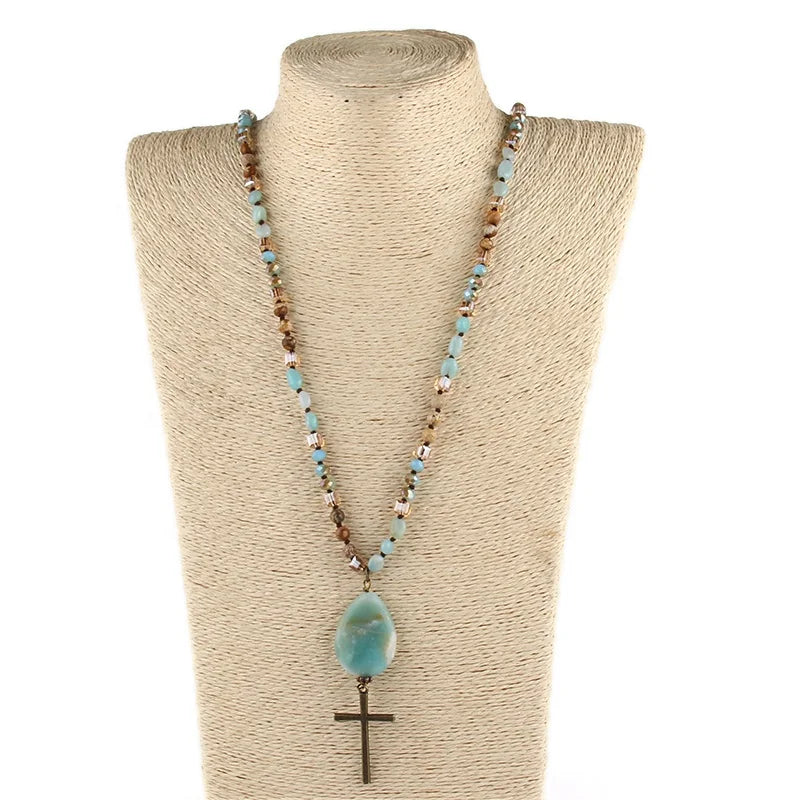 Handmade Bohemian Jewelry  for Women 6mm Natural Stone Crystal Glass Beaded Knotted Dorp Stone and Alloy Cross Pendant Necklaces