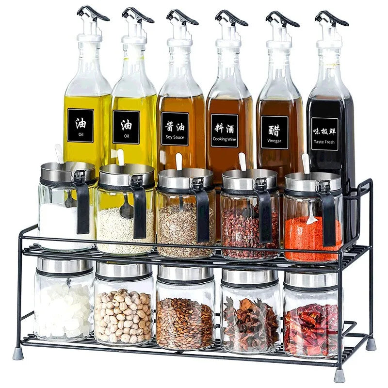 Kitchen Condiment Bottle Organizer Shelf Sealed Glass Jar Set Combination Household Seasoning Shelf