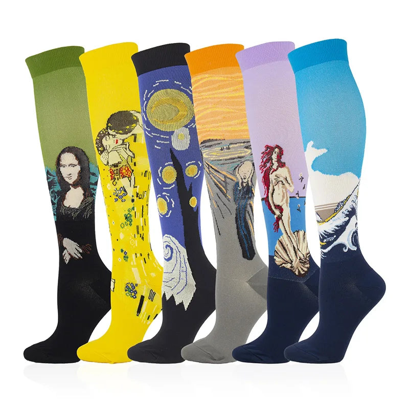 Famous Oil Painting Compression Socks for Women Men Knee High Outdoor Elastic Circulation Sock-Best for Running Nursing Hiking