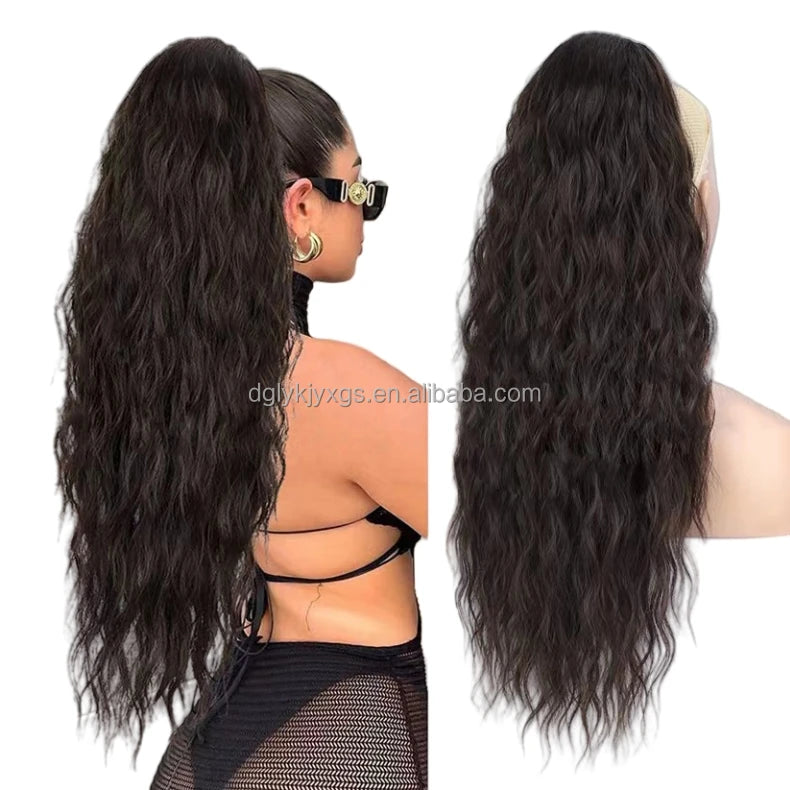 26 Inch Long Drawstring Ponytail Extension Synthetic Water Wave Wig French Curl Daily Party Use for Women Hair